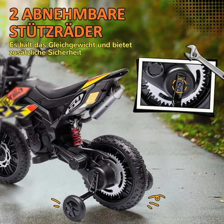 AIYAPLAY Kinder Elektro-Motorrad, 12V Aprilia Kindermotorrad mit Musik, 6 km/h, abnehmbare Trainingsräder, 12 Zoll Kunststoffreifen, Gelb – Bild 4