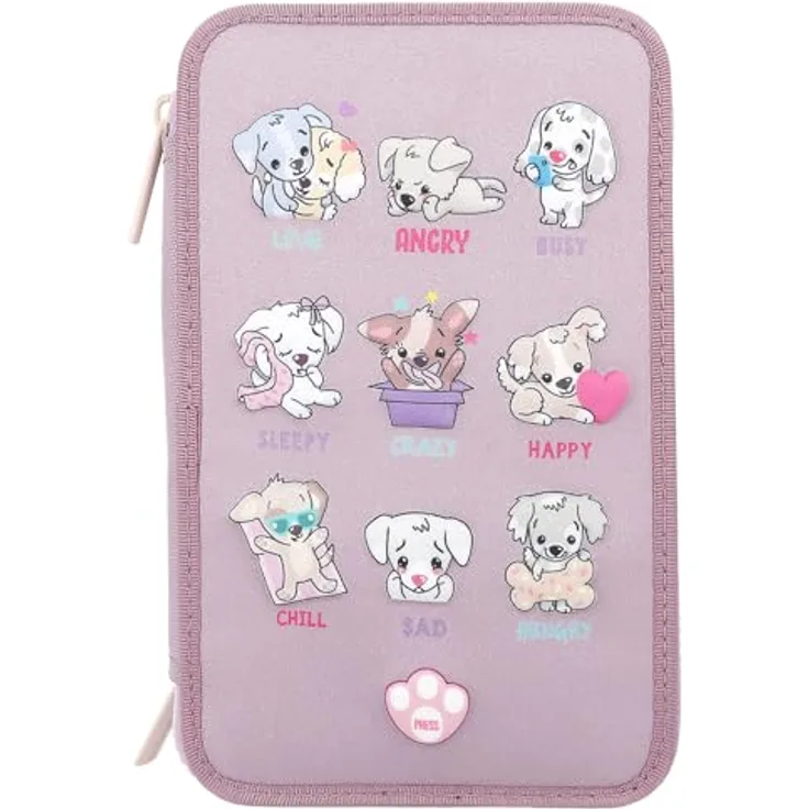 Depesche 12843 TOPModel - Gefüllte 3-Fach Federtasche in Lila, mit LED und Hunde Motiven, Federmappe mit Buntstiften, Lineal, Schere uvm.