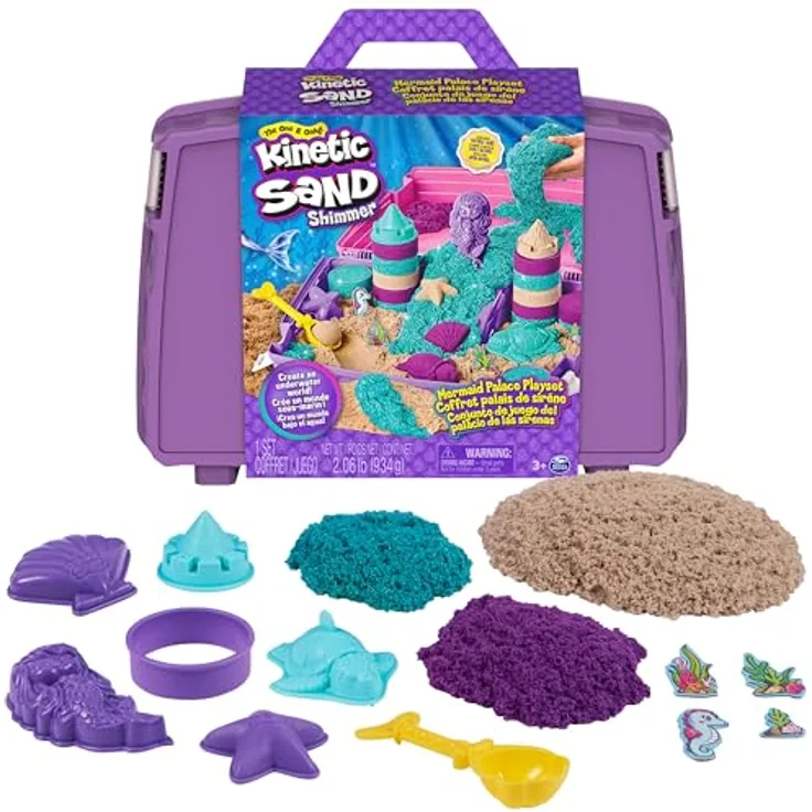 Kinetic Sand Meerjungfrauen Koffer - mit 1 kg original kinetischem Sand aus Schweden in 3 Farben, 6 Förmchen, 1 Schaufel für kreatives Indoor-Sandspiel, für Kinder ab 3 Jahren