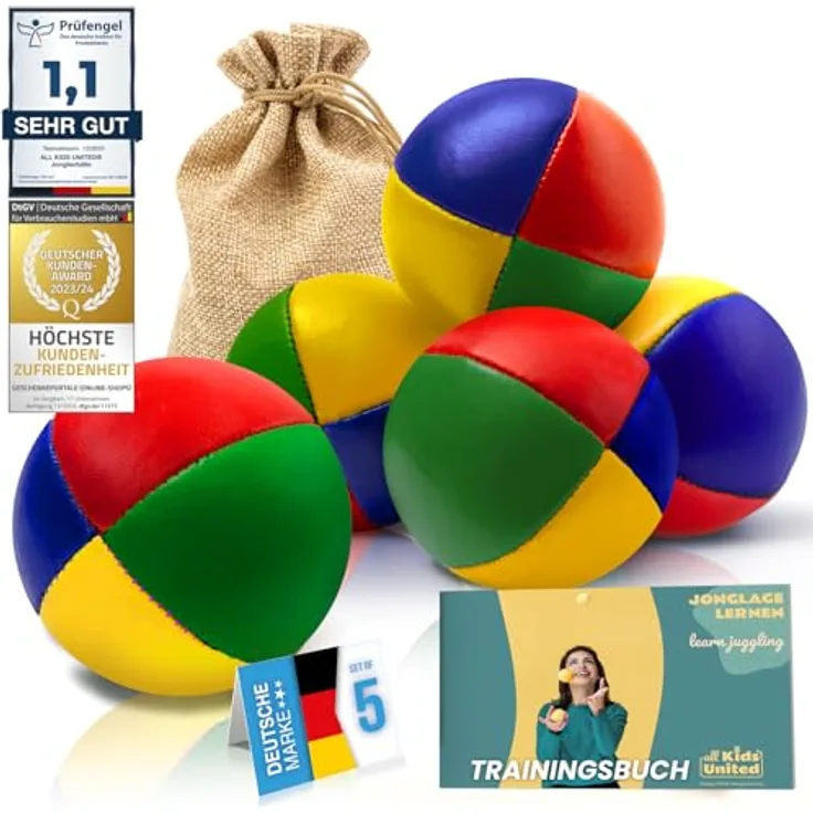 all Kids United® Jonglierbälle 5er Set, Professionelles Jonglierball-Set im Jute-Beutel, Weiche Juggling Balls für Anfänger & Fortgeschrittene mit Gratis E-Book zur Förderung von Koordination und Konzentration