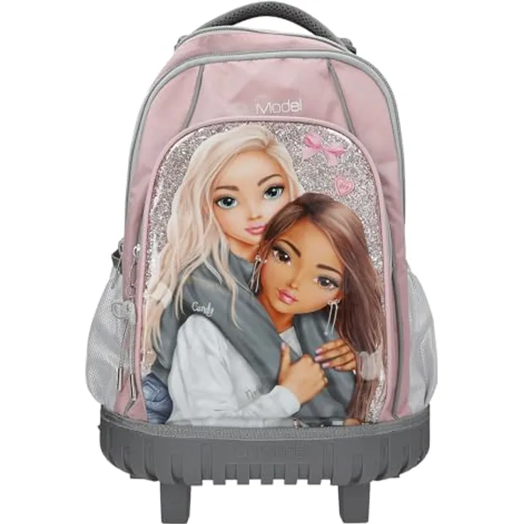 Depesche TOPModel My BFF Schulrucksack Trolley, Rosa und Grau, mit Glitzer, 3 Fächern, Teleskopgriff und Rollen