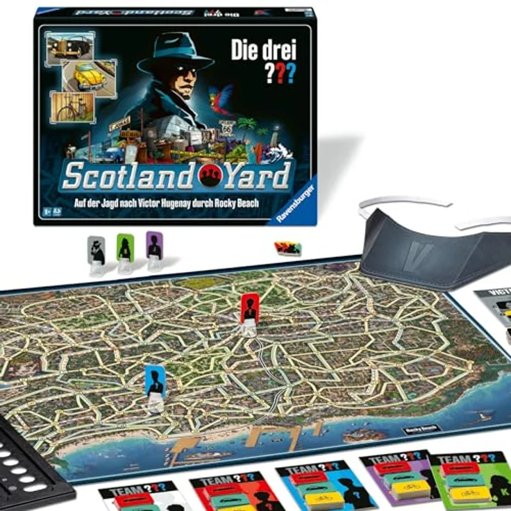 Ravensburger 24741 - Die DREI ??? Scotland Yard - Brettspiel für 2-6 Personen ab 8 Jahren mit Justus Jonas, Peter Shaw und Bob Andrews, spannendes Detektivabenteuer in Rocky Beach – Bild 1