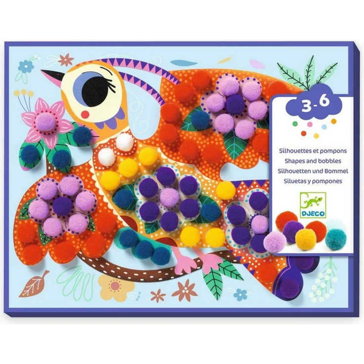 DJECO Kreativset Bastelpackung Vögel, Collagen mit selbstklebenden bunten Bommel, für Kinder ab 3 Jahren – Bild 1