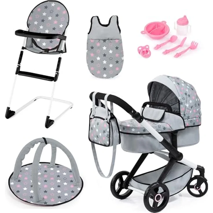 Bayer Design 17007AB Puppenwagen Xeo, Verstellbarer Griff, Schwenkschieber, Schlafsack, Hochstuhl, Spielbogen, blau – Bild 1