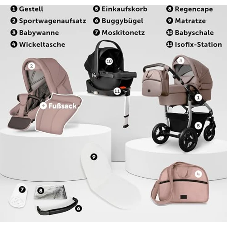 Bergsteiger Capri Kombikinderwagen 4-in-1, Babywanne, Sportsitz, i-Size Babyschale, Isofix-Station, höhenverstellbar, faltbar, Luftreifen, Zubehör – Bild 3