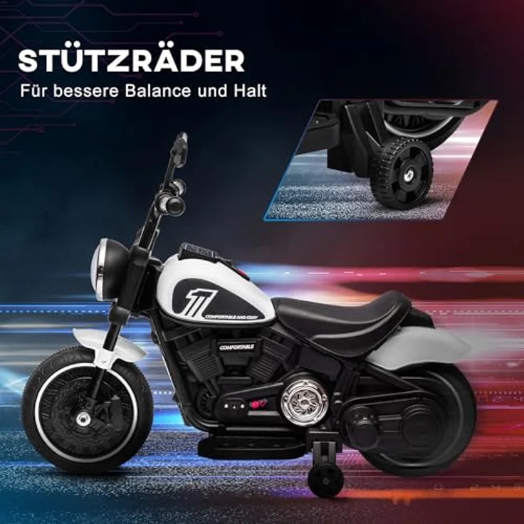 HOMCOM Elektro-Kindermotorrad mit 2 abnehmbaren Stützrädern, 3 km/h, Belastbarkeit 25 kg, (1-tlg), weiß – Bild 4