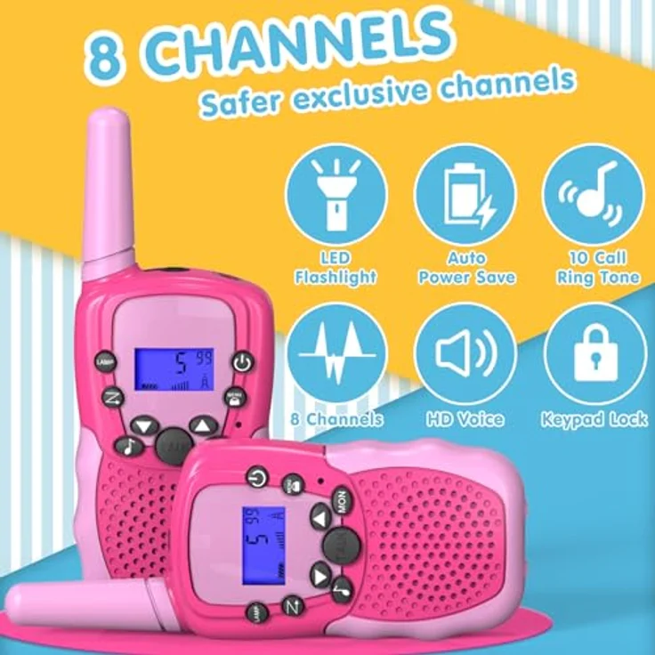 Kearui Walkie Talkies für Kinder, 8-Kanal Funkgerät mit VOX-Funktion und LED Taschenlampe, 3 Meilen Reichweite, für Mädchen 3-12 Jahre, Rot Rosa – Bild 3