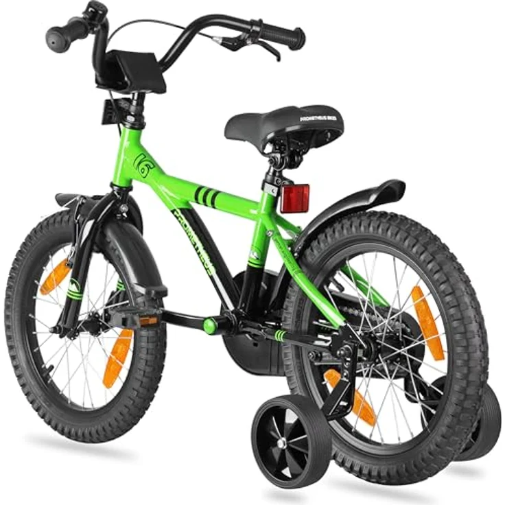 PROMETHEUS BICYCLES Kinderfahrrad 16 Zoll ab 5 Jahren - Kinder Fahrrad Mädchen Jungen Fahrrad Kinder mit Stützräder Rücktrittbremse in Grün Schwarz, leichter Rahmen, Bremsen, Sicherheitspaket – Bild 4
