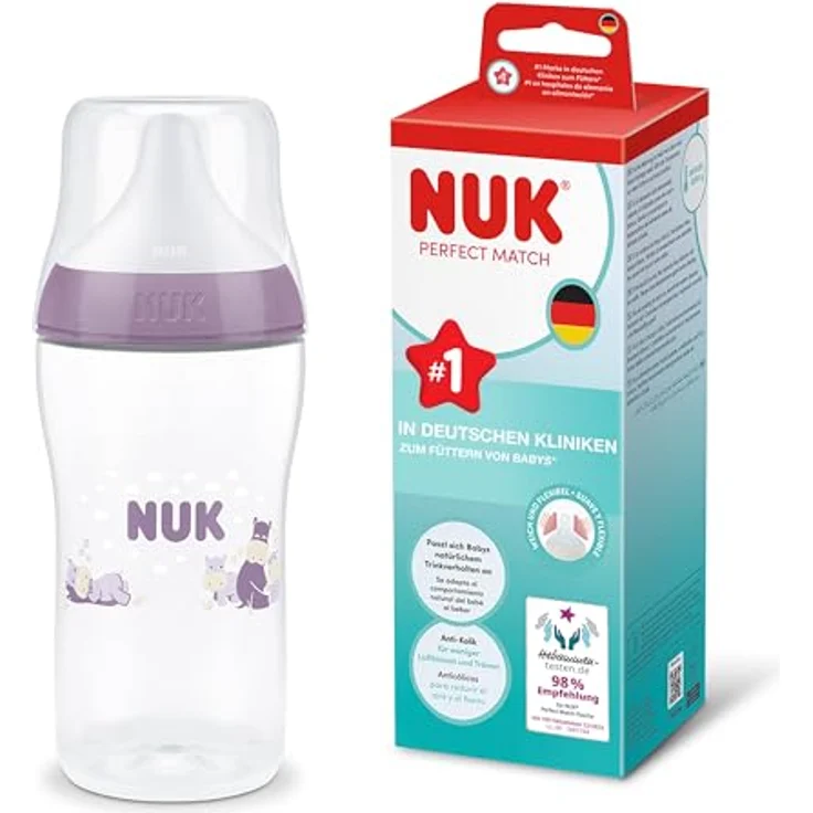 Nuk PP-Flasche Perfect Match mit Silikon-Sauger, 260 ml, Nilpferd Motiv, Größe M, Temperaturkontrolle, Anti-Colic-Ventil – Bild 1