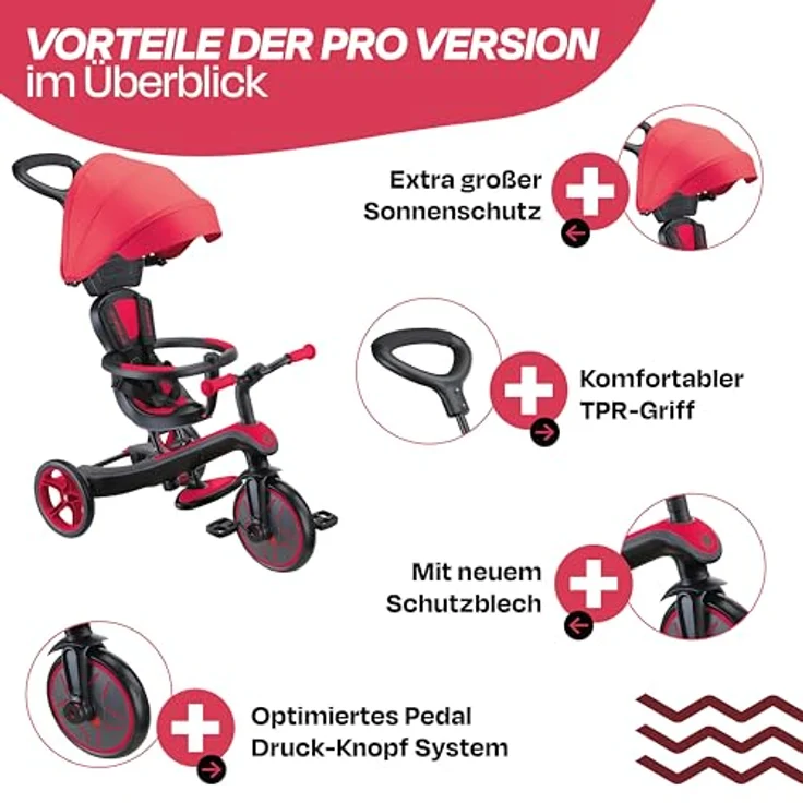 Globber Explorer Trike 4in1 Pro in Rot – Kinderfahrzeug mit höhenverstellbarem TPR-Sitz, Dreirad, Laufrad und Kinderwagen in 10/8,5 Zoll – Bild 2