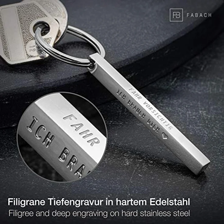 FABACH Cuboid Schlüsselanhänger Fahr vorsichtig ich brauch Dich - Quader Auto Schlüsselanhänger aus Edelstahl - Stäbchen Anhänger mit tiefer filigraner Gravur Fahr vorsichtig - Preisvergleich – Bild 4