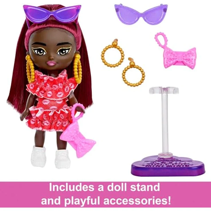 Barbie HLN47 - Extra Mini Minis Puppe mit burgunderroten Haaren und Sonnenbrille, rotes Rüschenkleid, Moden und Accessoires, Puppen Spielzeug ab 3 Jahren – Bild 4