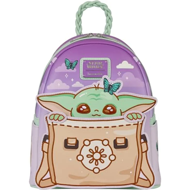 Loungefly Star Wars Grogu Mini Rucksack, Kunstleder, geflochtener Tragegriff, verstellbare Schultergurte, bewegliche Grogu Applikation, 22,8 x 26,6 x 11,4 cm – Bild 1