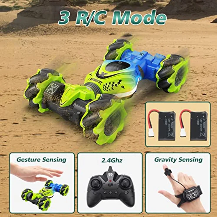 Pristar Ferngesteuertes Auto für Kinder, 4WD RC Stunt Car Ferngesteuerte Auto mit HandSteuerung, 2,4 GHz 360° Drehung Auto Car mit Musik und Beleuchtung Handgeführtes Stunt-Auto 2 Akku – Bild 4