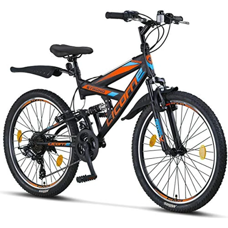 Licorne Bike Strong V Premium Mountainbike in 24 Zoll - Fahrrad für Jungen, Mädchen, Damen und Herren - 21 Gang-Schaltung - Vollfederung - Schwarz/Blau/Orange – Bild 1