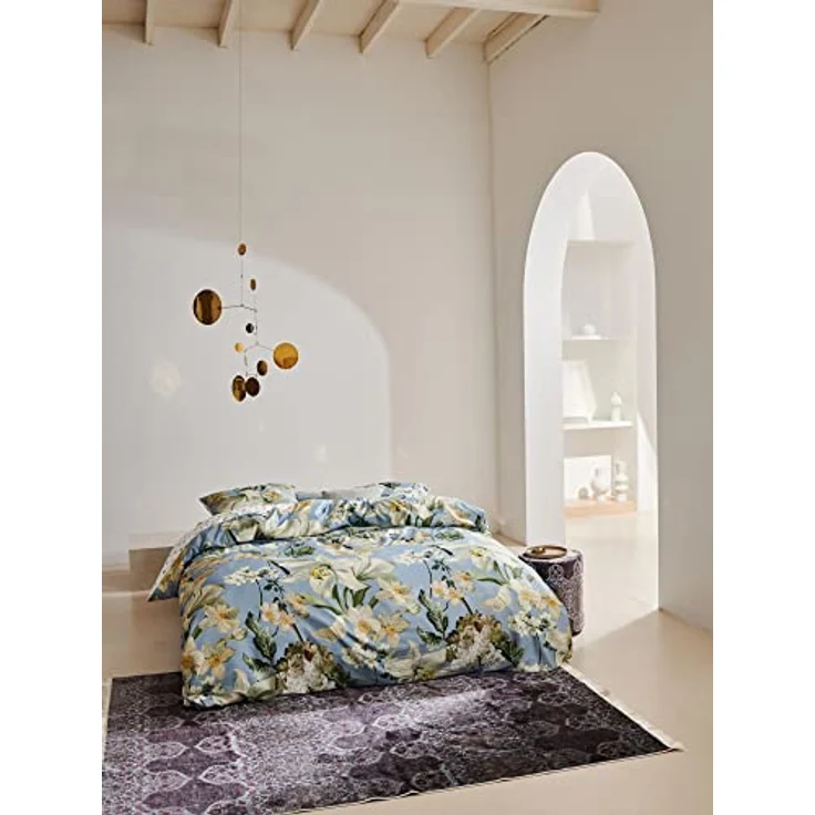 ESSENZA Bettwäsche Rosalee Iceblue Satin Blumen Blüten Lilien Hortensien Floral Eisblau Punkte Gepunktet, Größe:155 cm x 220 cm, Farbe:Iceblue – Bild 3