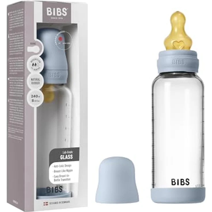 BIBS Baby Glasflasche 240ml, Koliken vermindernd, runder Sauger aus Naturkautschuklatex, unterstützt das Stillen, Baby Blue – Bild 1