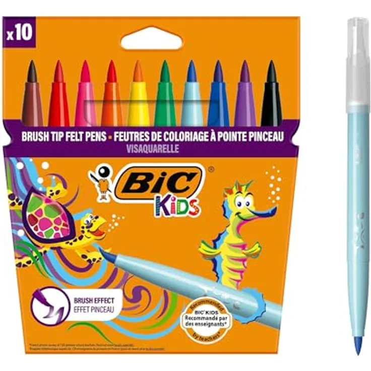 BIC Filzstift Fasermaler mit Pinselspitze, 10 leuchtende Farben für Kids, Visaquarelle