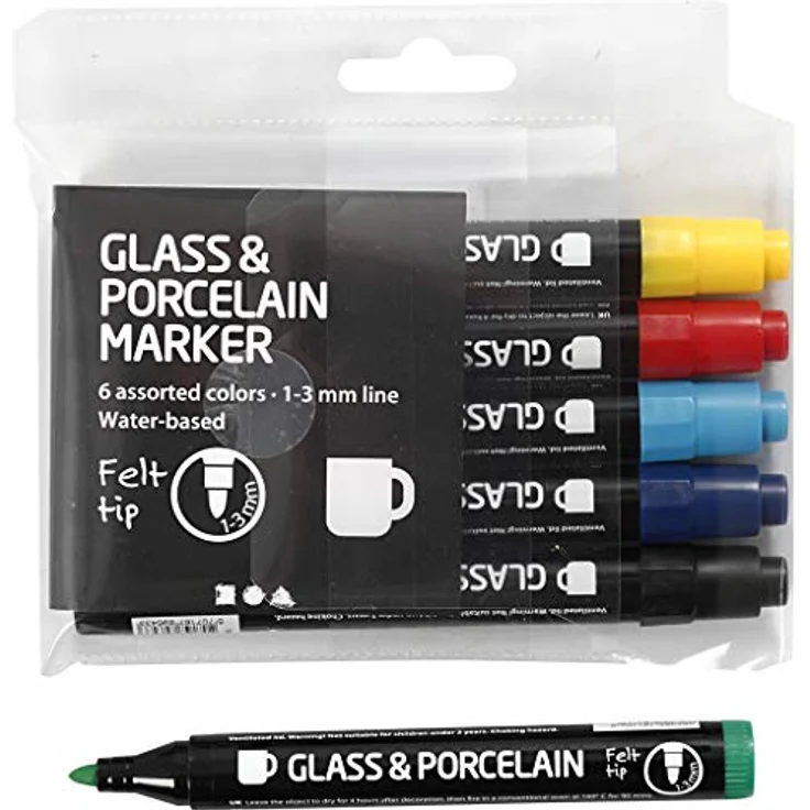 Glas- und Porzellanstifte, 1-3 mm Strichbreite, Standardfarben, halb-undurchsichtig, 6-teilig – Bild 1