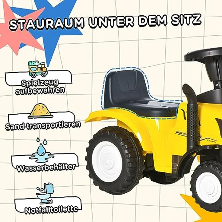 HOMCOM Kinder Rutschauto New Holland Rutscherfahrzeug Gelb mit Hupe und Ladebox – Bild 4