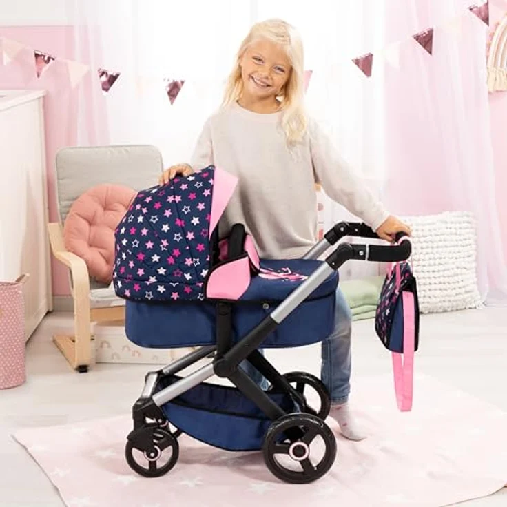Bayer Design Kombi-Puppenwagen Xeo Sterne dunkelblau rosa – Bild 6