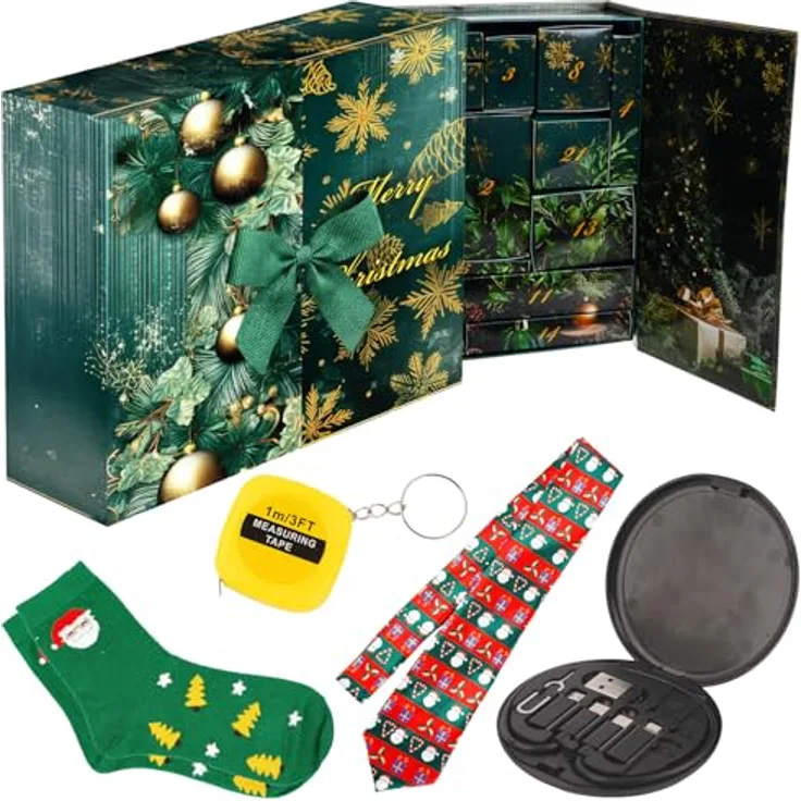 ISO TRADE Adventskalender für Männer 2025, 24 Überraschungen in edler Grün-Gold Geschenkbox mit LED-Deko und QR-Code, wiederverwendbare Verpackung