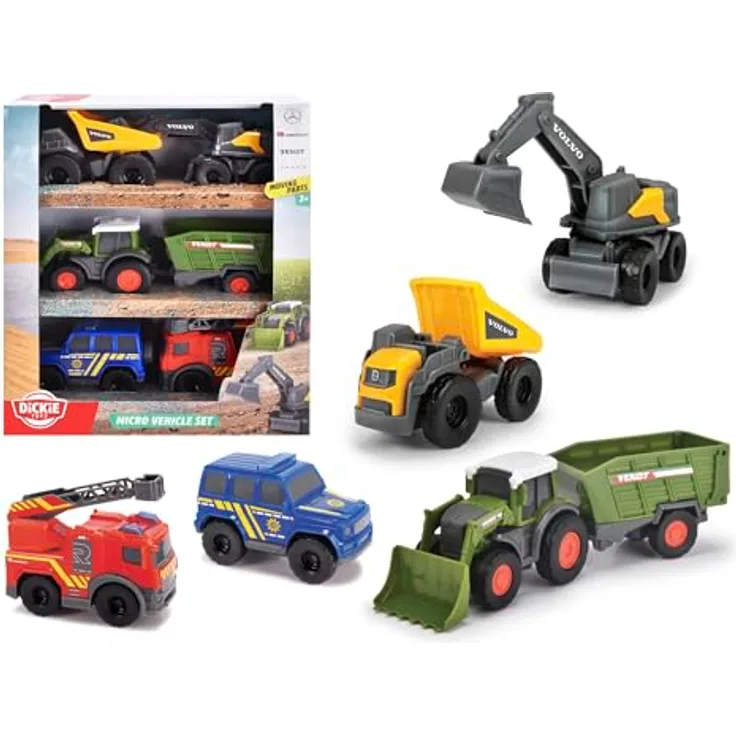 Dickie Toys Micro City Team, Spielset mit Volvo Dump Truck, Bagger, Fendt Traktor, Anhänger, Mercedes G-Klasse Polizei und Antos / Rosenbauer Feuerwehr