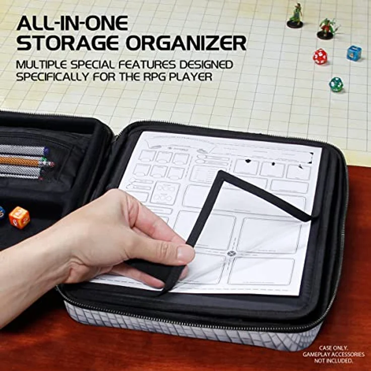 ENHANCE RPG-Organizer-Etui, Sammleredition – DND-Ordner mit Charakterbogenhalter, Würfelrollbereich, herausnehmbarer Stifttasche, Miniatur-Schaumstoffablage, Drachen Silber – Bild 2
