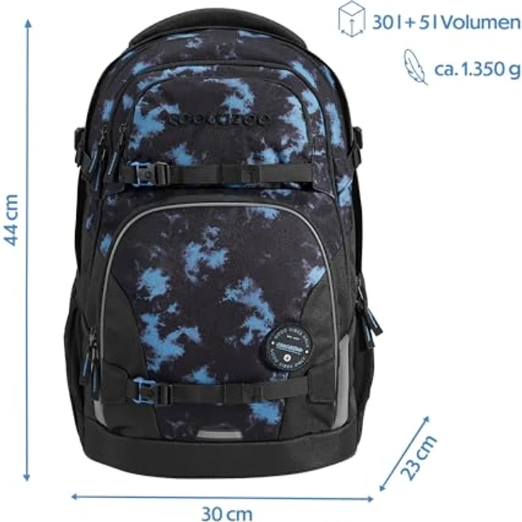 Coocazoo Schulrucksack Porter „Midnight Dust”, ergonomischer Tornister, höhenverstellbar, 30-35 Liter Stauraum, schwarz-blau, mit Brust- und Hüftgurt, ab der 3. Klasse – Bild 2