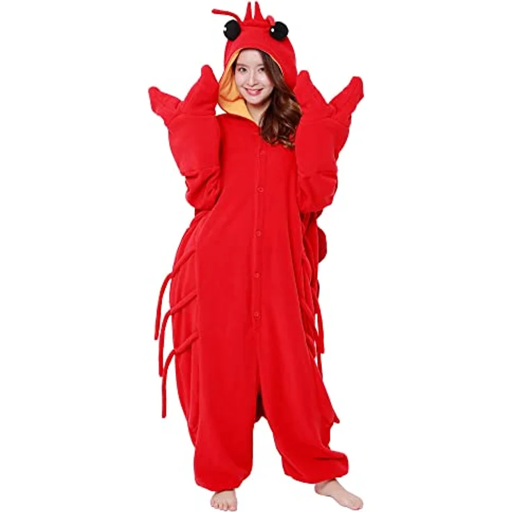 SAZAC Hummer Onesie Kigurumi Einteiler Kostüm Jumpsuit | für Kinder und Erwachsene | One Size Fits All (155 – 180 cm) | Polyester-Fleece-Stoff | mit warmer Kapuze - Rot – Bild 1
