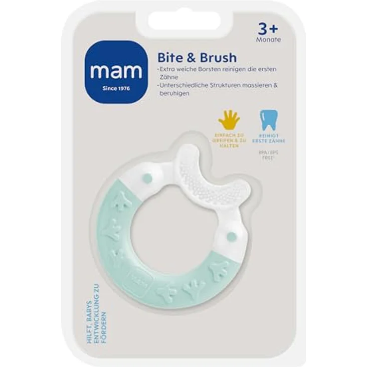 MAM Beißring Bite & Brush, Zahnungshilfe mit extra-weichen Borsten zur Zahnpflege, ab 3+ Monate, türkis – Bild 2