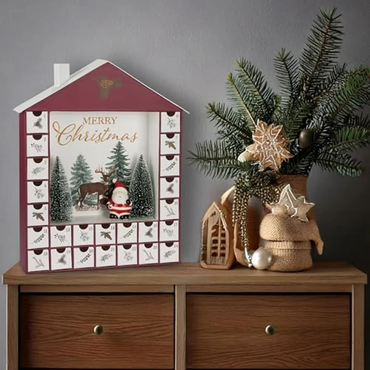 BRUBAKER Adventskalender zum Befüllen - Haus 2025 - bordeauxroter DIY Weihnachtskalender mit Keramik Weihnachtsmann, 24 Schubfächer für Gutscheine und Süßigkeiten, 44 cm hoch – Bild 5