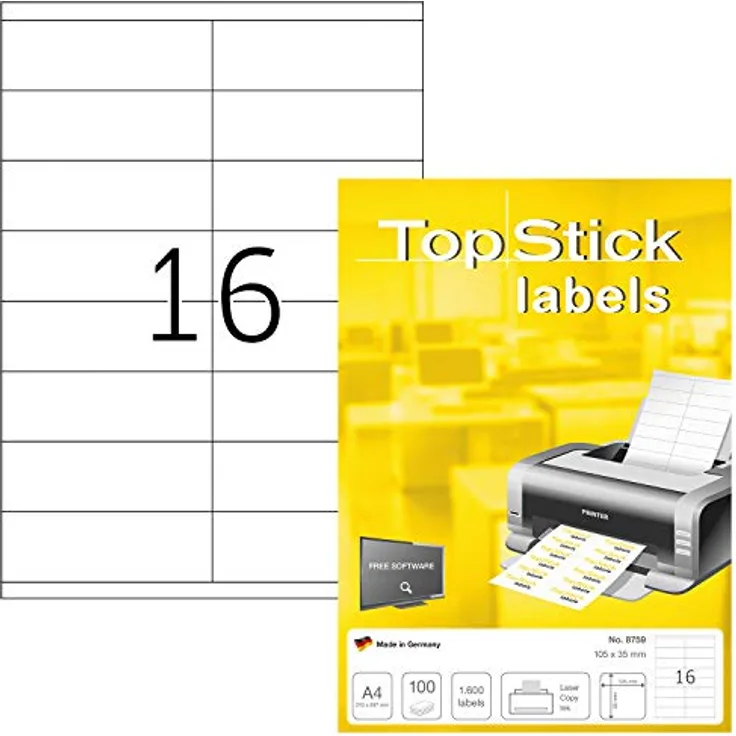 TopStick 8759 Universal Etiketten, selbstklebend, bedruckbar, matt, 1000 Blatt, 105 x 35 mm, 16000 Stück, weiß