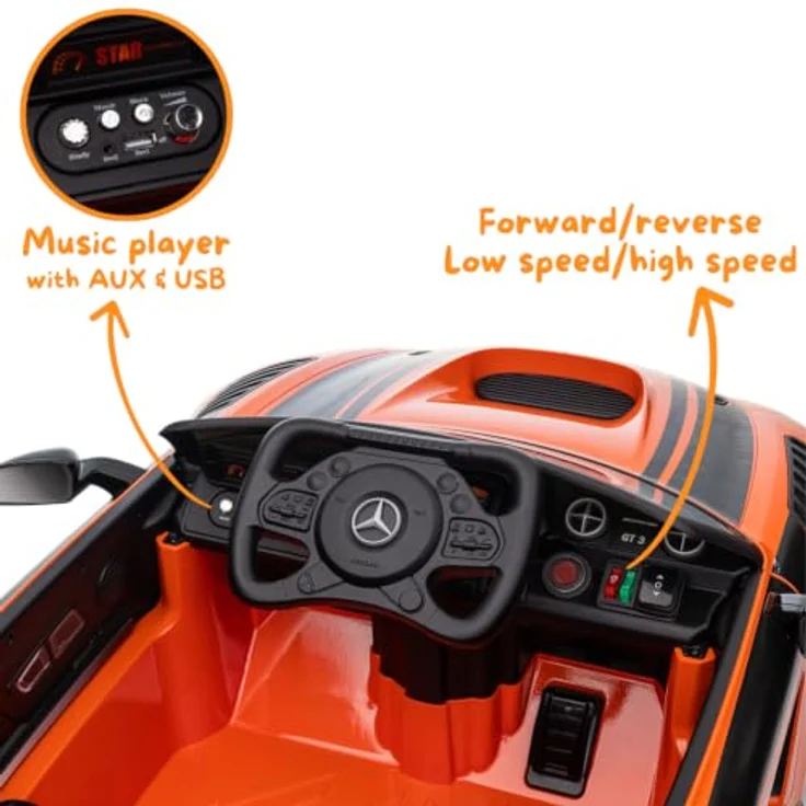 Mercedes Kinder Elektroauto AMG GT3, 12V mit MP3-Player, Sicherheitsgurt, 1-Sitzer, Orange, für 1 bis 6 Jahre – Bild 6