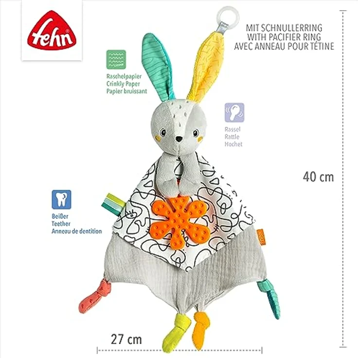 Fehn Schmusetuch Baby Spielzeug Hase - Schnuffeltuch für Neugeborene - Einschlafhilfe zum Knuddeln, Greifen - Kuscheltier Handpuppe - Kuscheltuch Schlaftier für Babys und Kleinkinder ab 0+ Monaten – Bild 5