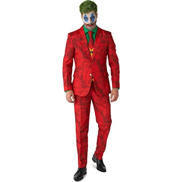 OppoSuits Scarlet Joker, vierteiliger Partyanzug in Rot mit Slim-Fit-Schnitt und Comic-Muster, XXL – Bild 1