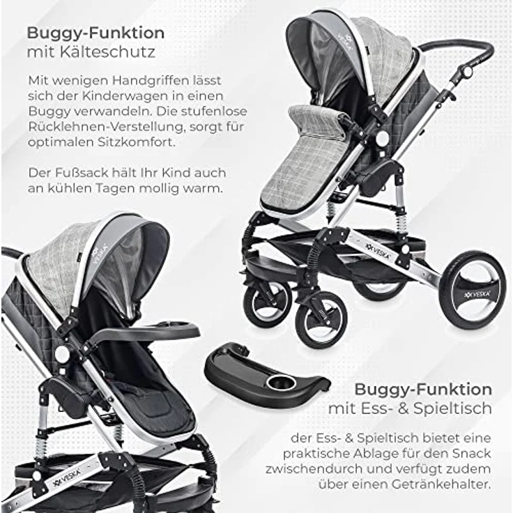 VESKA 3 in 1 Kombi-Kinderwagen inkl. Babyschale, Buggy, Jogger mit Wickeltasche, Moskitonetz, Regencover, Spieltisch, Autoschale Fußsack, QuickFold, Aluminiumrahmen (Silber - anthrazit/grau) – Bild 3
