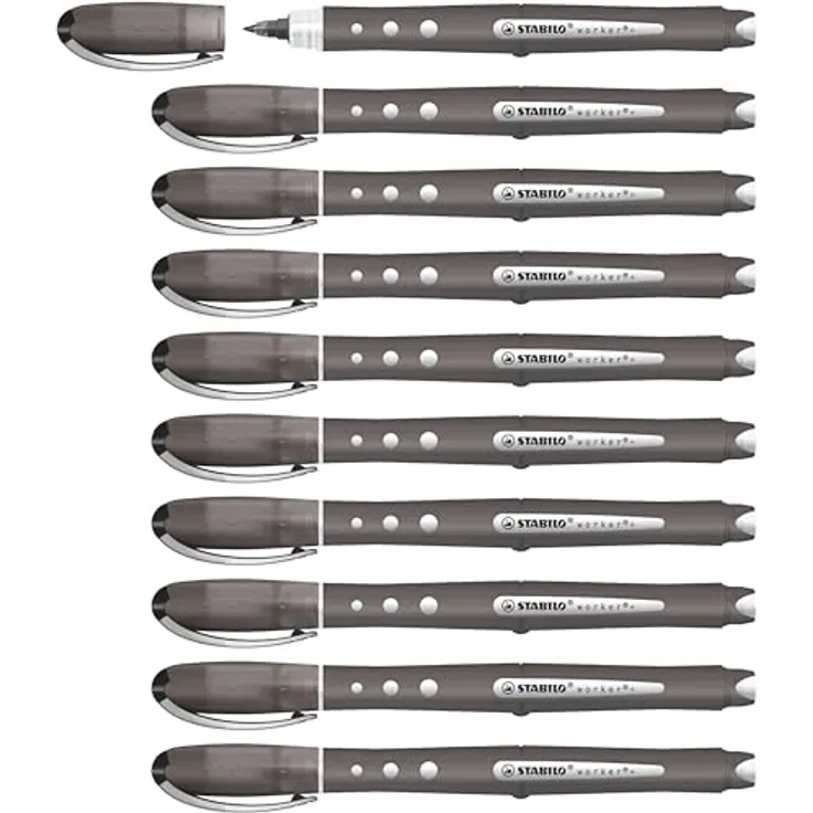 STABILO worker+ colorful, Tintenroller mit ergonomischem Griff, 0,5 mm Strichbreite, 10er Pack schwarz, hergestellt in Deutschland