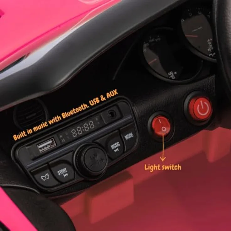 Vrooomy Kinder Elektroauto Porsche 718 Spyder RS, 12V mit Fernbedienung, rosa, für 1 bis 5 Jahre, MP3-Player, LED-Beleuchtung, Sicherheitsgurt – Bild 7