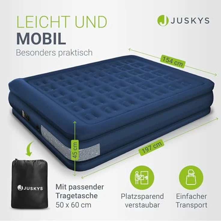 Juskys Luftmatratze Sapri, Doppel-Luftbett, selbstaufblasend, wasserdicht, inkl. Pumpe, Tasche, Blau – Bild 4