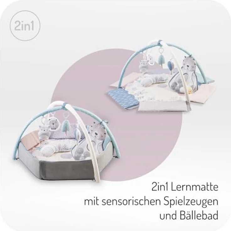 MoMi PASTEL Spielbogen mit Krabbelmatte 3-in-1, sensorische Aktivitätsmatte mit 2 Bögen, 5 Spielzeugen, 20 Bällchen und Krabbelkissen, für Babys ab Geburt – Bild 4