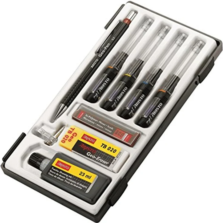 Aristo Tuschefüller Kassette MG1, Set mit 4 Füllern (0,25 mm - 0,70 mm), inkl. Feinminenstift und 23 ml Nachfülltusche, transparent – Bild 5