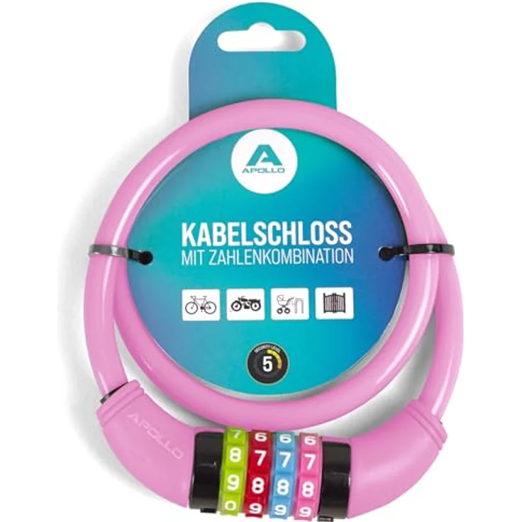 Apollo Kinder Fahrradschloss, Zahlenschloss 650mm, leicht und sicher, rosa – Bild 1