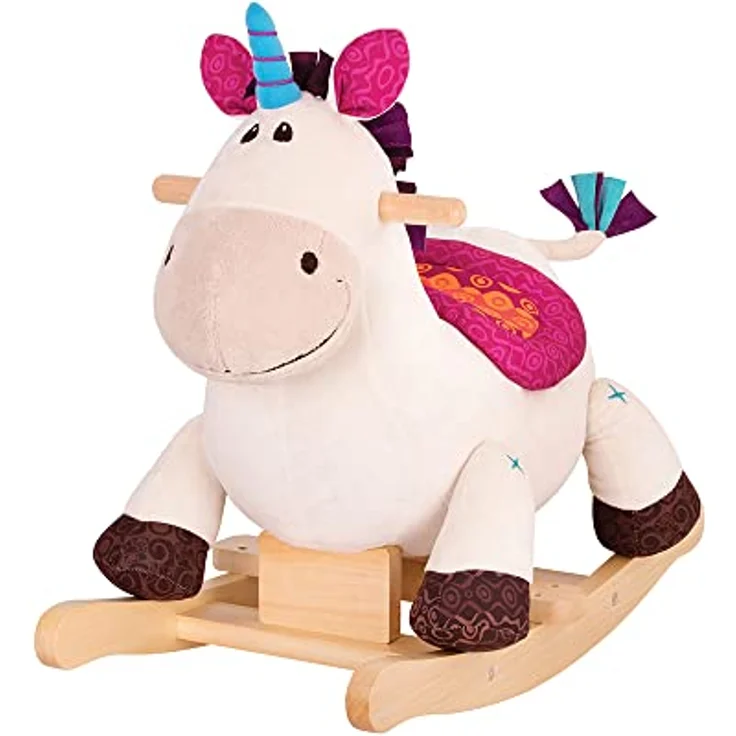 B. toys Schaukelpferd Einhorn beige aus weichem Plüsch und hochwertigem Holz, Schaukeltier zum Draufsitzen für Kinder und Babys ab 18 Monaten – Bild 1