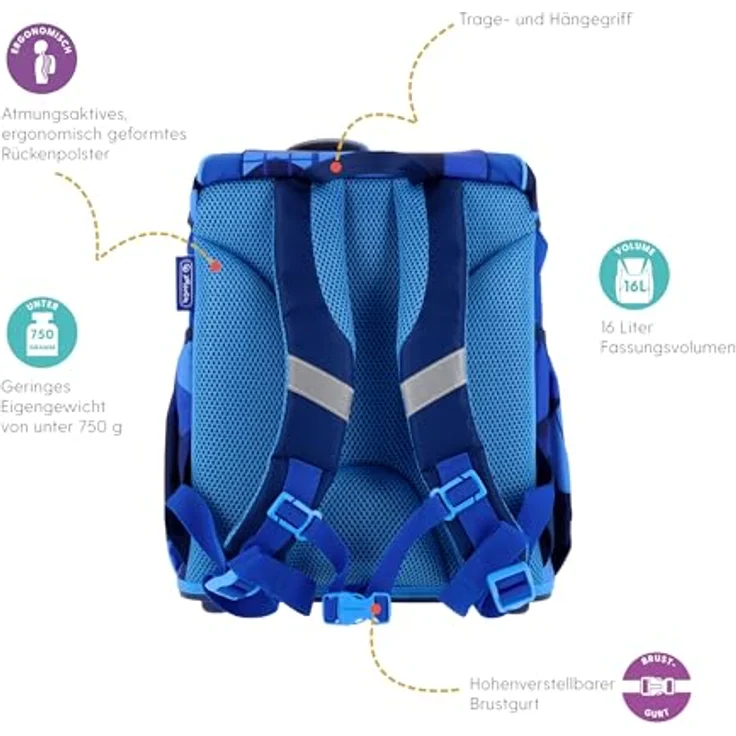 Herlitz Schulranzen Set 6-teilig Blue Goal, Ergonomische ultraleichte Schultasche für 1. Klasse, 16 L, wasserabweisend, mit Reflexmaterialien und praktischen Zubehörteilen – Bild 5