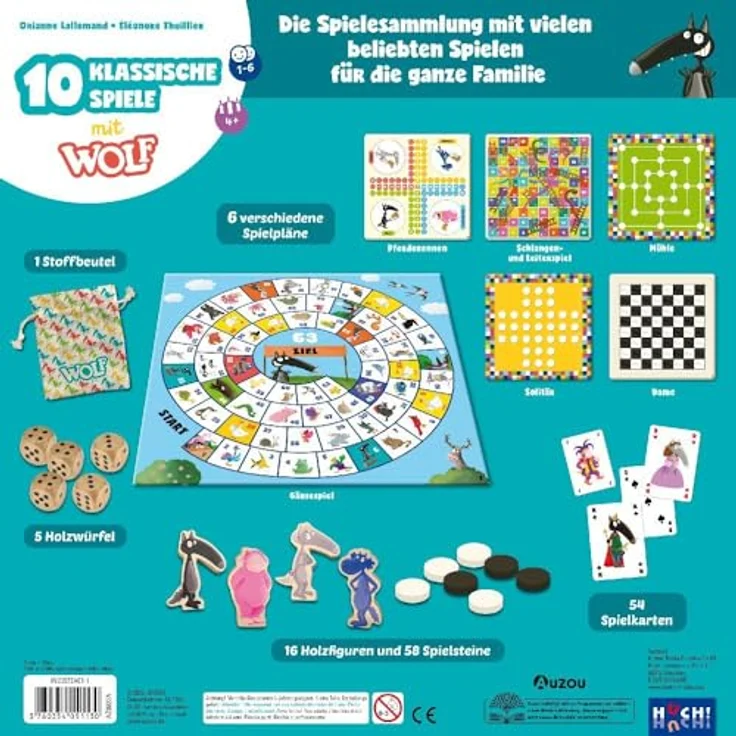 AUZOU 10 Klassische Spiele mit Wolf, Spielesammlung für 1–4 Spieler ab 4 Jahren, familienfreundliches Spieleset für Spieleabend und Familienspaß – Bild 4