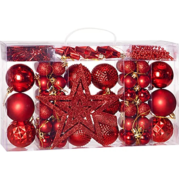 DEUBA® Weihnachstkugeln 66tlg Ø 3-6cm Kunststoff matt glänzend Christbaumkugeln Christbaumschmuck Anhänger Weihnachtsbaumkugeln Weihnachtsdeko Rot – Bild 1