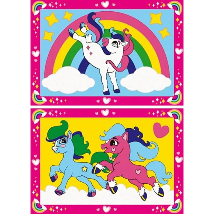 Ravensburger Malen nach Zahlen Junior Zauberponys mit Regenbogen, Malvorlagen-Set für Kinder ab 5 Jahren, 2 Maltafeln, 5 Acrylfarben, inklusive Pinsel und Anleitung – Bild 1