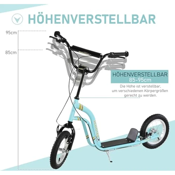 HOMCOM Kinderroller Tretroller höhenverstellbar, 12 Zoll Luftreifen, stabiler Cityroller für Jungen und Mädchen ab 5 Jahren, hellblau – Bild 5