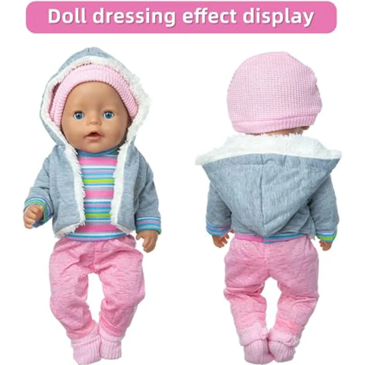 Kisvic Puppenkleidung Set für Baby Puppen 36-43 cm, inklusive Mantel, Bluse, Hose, Hut und Socken, aus hochwertigen Materialien, ideal als Geschenk für Mädchen – Bild 4